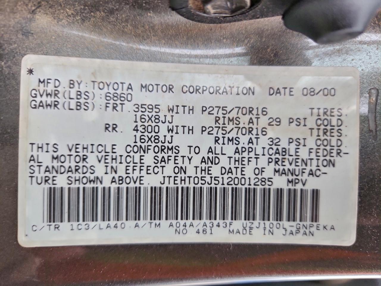 2001 Toyota Land Cruiser VIN: JTEHT05J512001285 Lot: 93105905