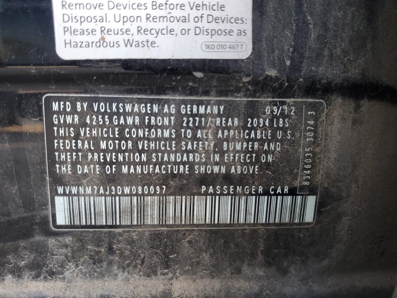 2013 Volkswagen Golf VIN: WVWNM7AJ3DW080097 Lot: 92695045