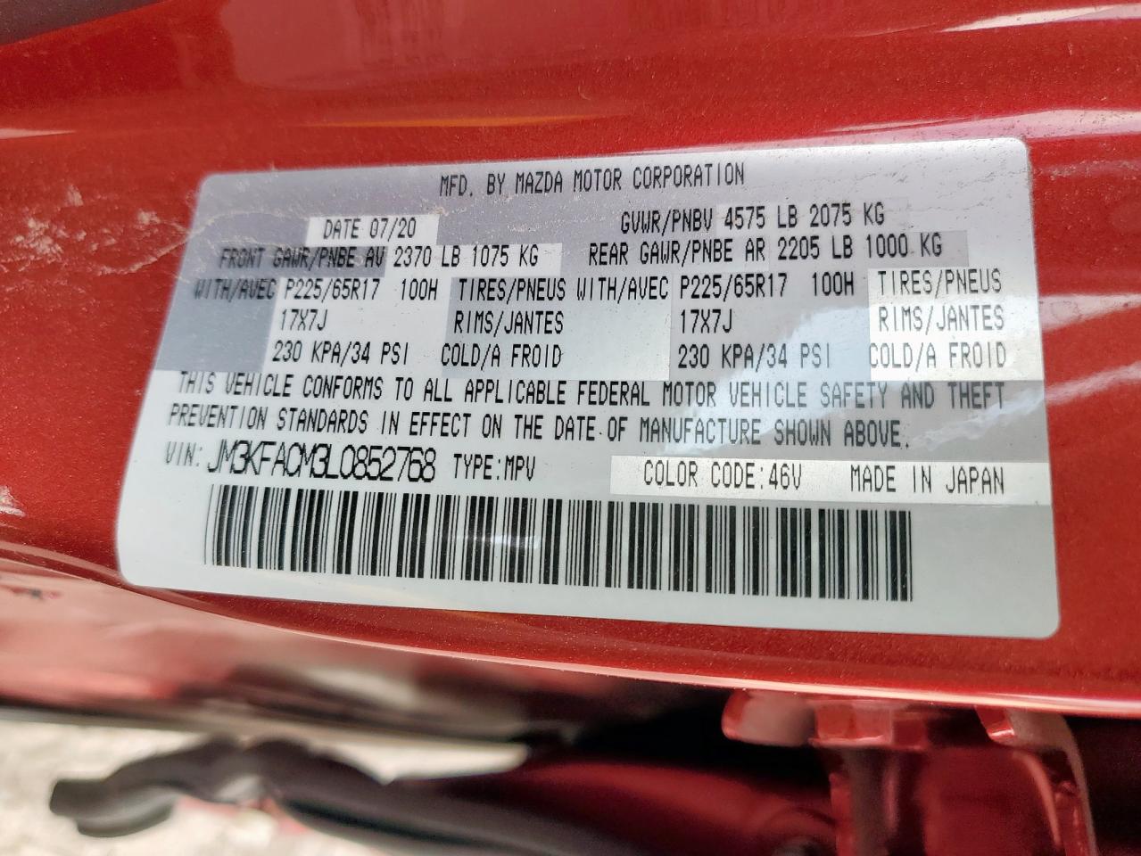 2020 Mazda Cx-5 Touring VIN: JM3KFACM3L0852768 Lot: 90807315