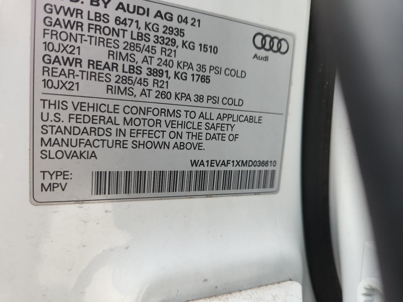 2021 Audi Q8 Premium Plus S-Line VIN: WA1EVAF1XMD036610 Lot: 93651765