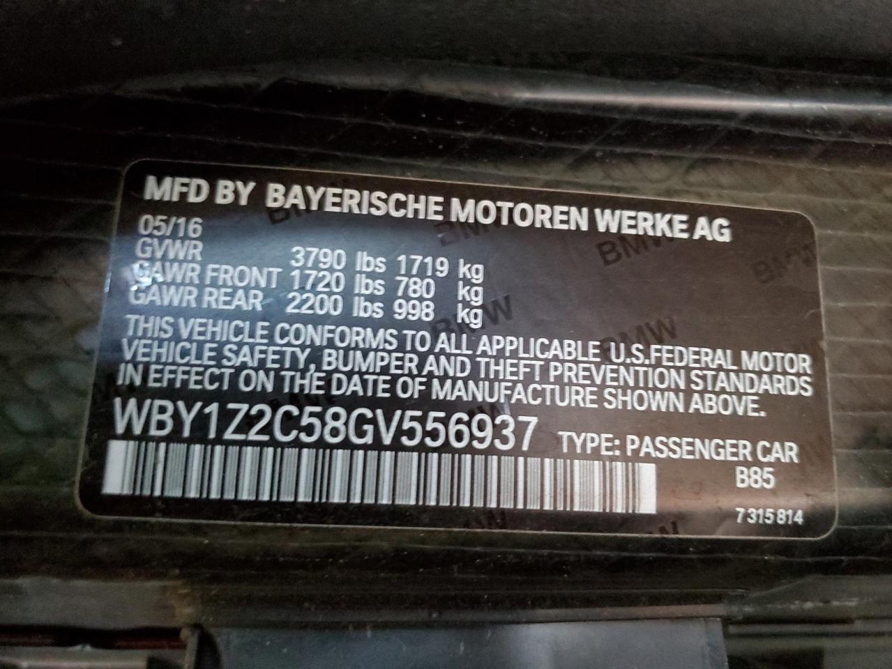 2016 BMW I3 Bev VIN: WBY1Z2C58GV556937 Lot: 92013265