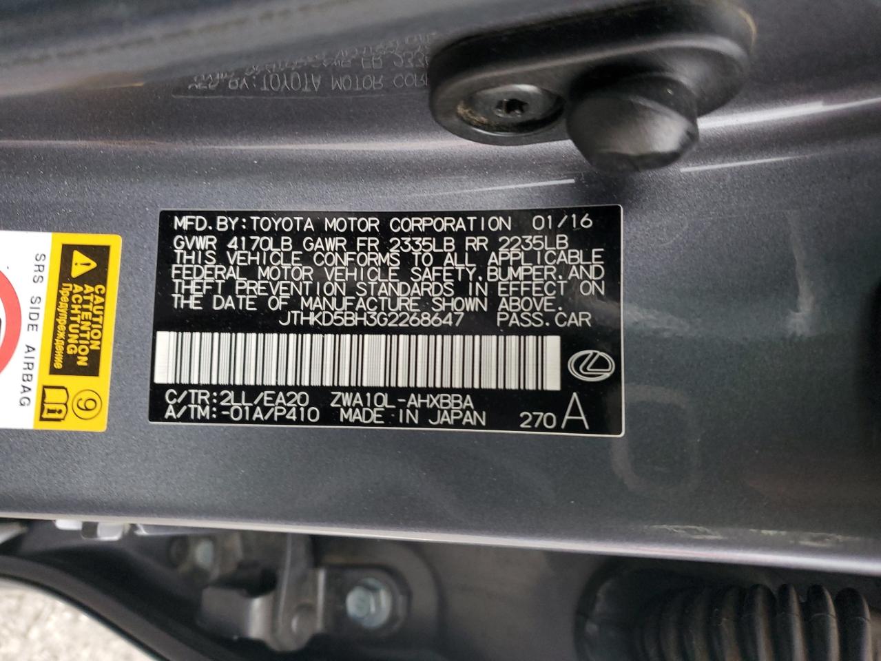 2016 Lexus Ct 200 VIN: JTHKD5BH3G2268647 Lot: 93154005