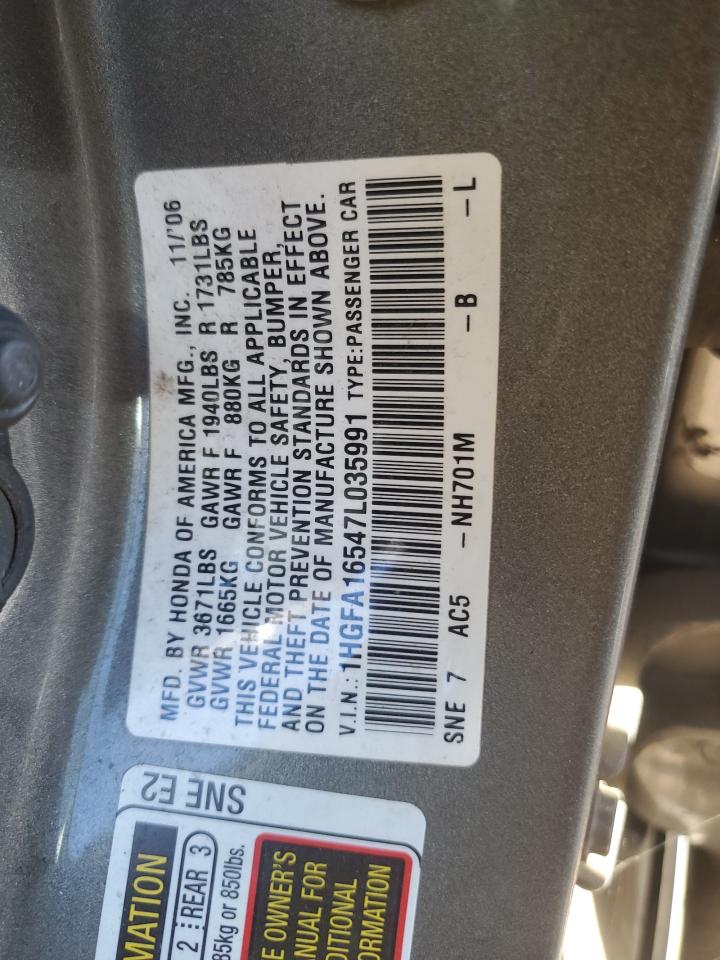 2007 Honda Civic Lx VIN: 1HGFA16547L035991 Lot: 91104015