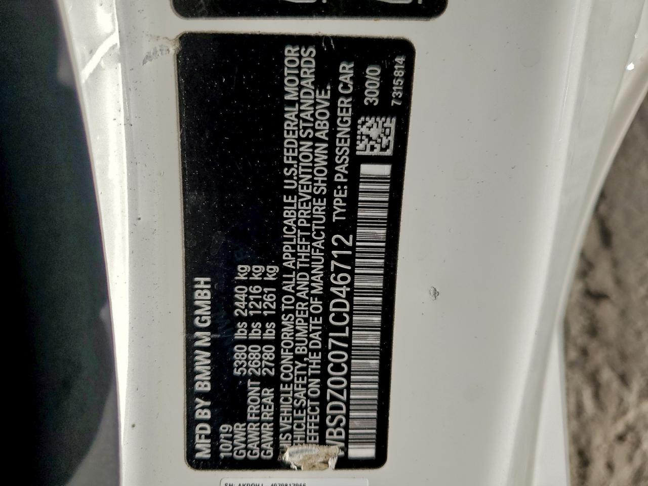 2020 BMW M8 VIN: WBSDZ0C07LCD46712 Lot: 93989065