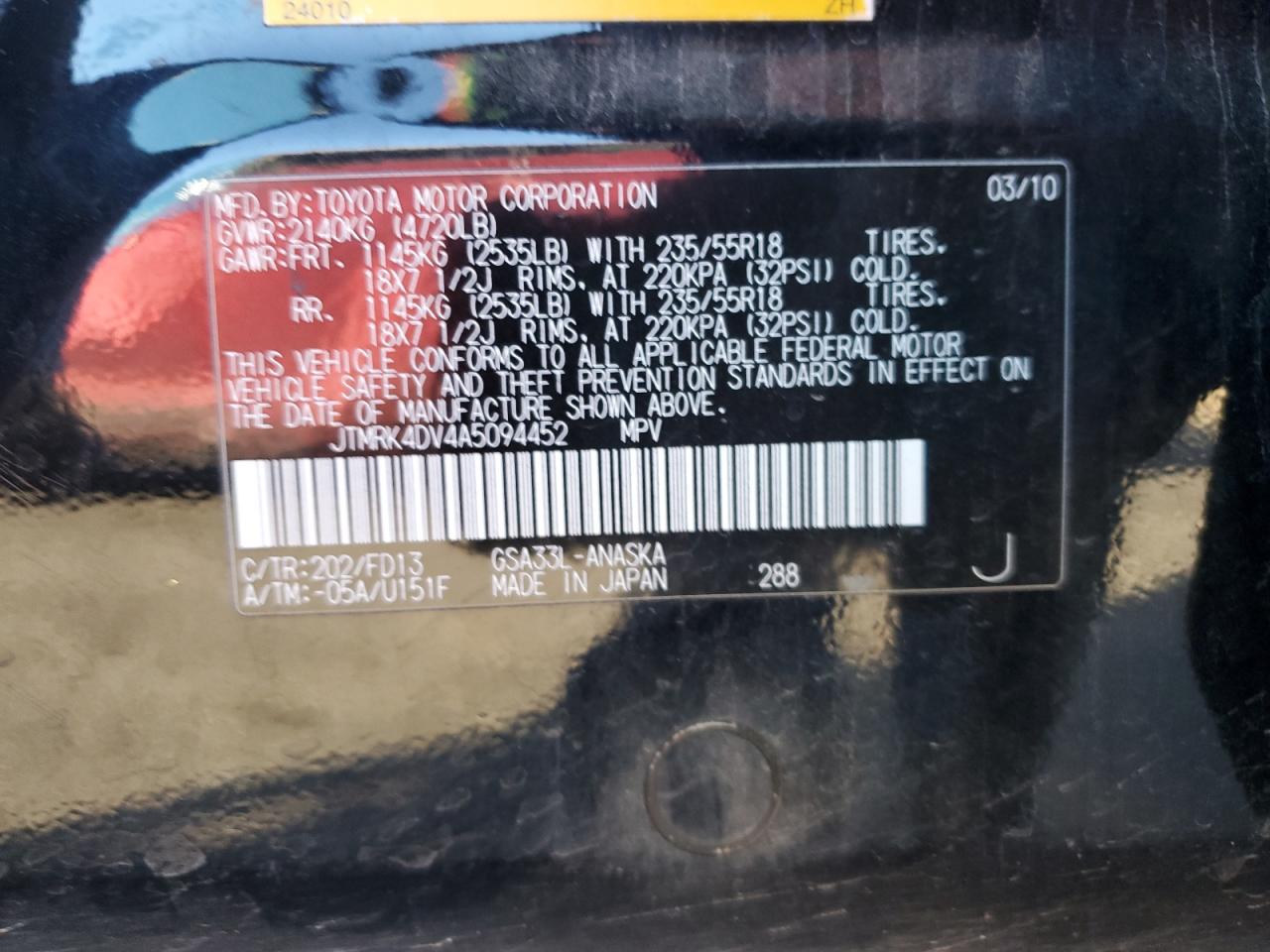 2010 Toyota Rav4 Sport VIN: JTMRK4DV4A5094452 Lot: 92392925