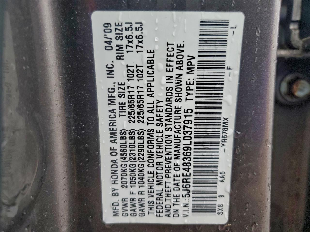 2009 Honda Cr-V Lx VIN: 5J6RE48369L037915 Lot: 94283015