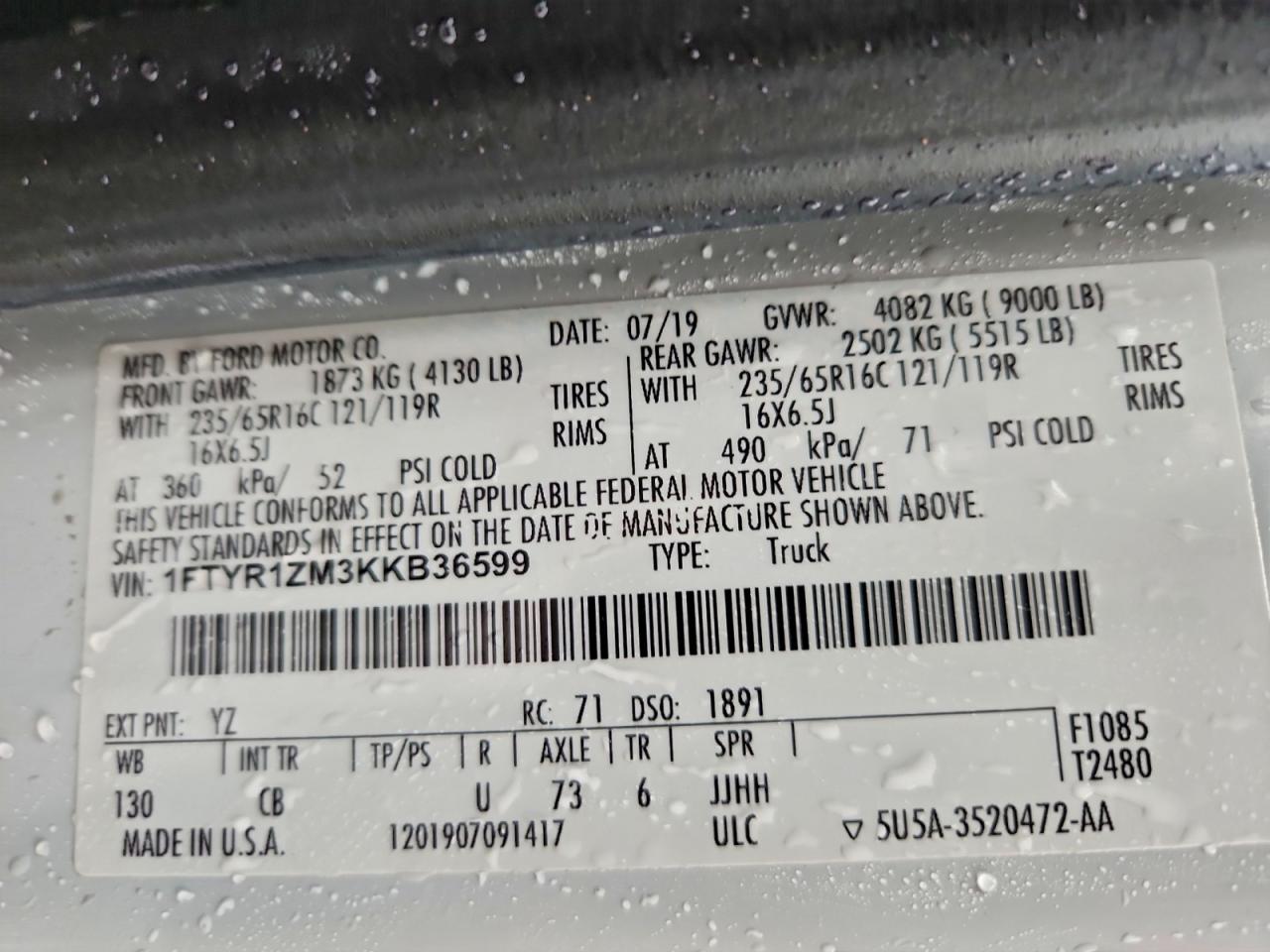 2019 Ford Transit T-250 VIN: 1FTYR1ZM3KKB36599 Lot: 92898485