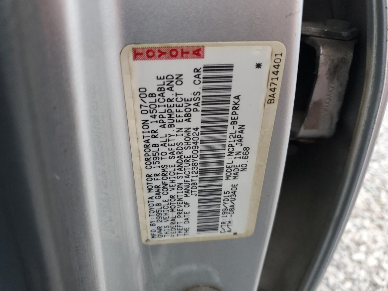 2000 Toyota Echo VIN: JTDBT1238Y0094024 Lot: 93832865