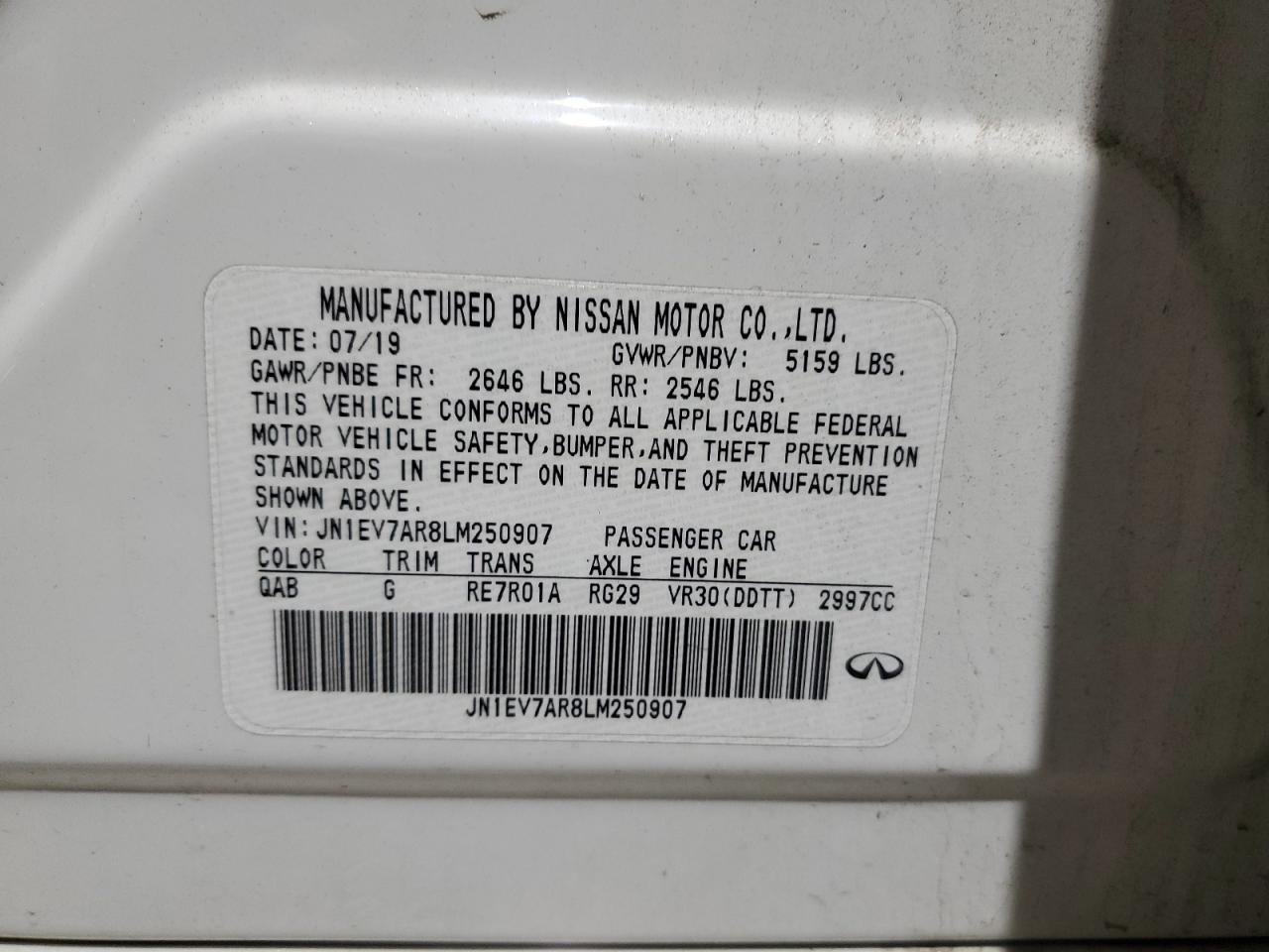 2020 Infiniti Q50 Pure VIN: JN1EV7AR8LM250907 Lot: 92527095