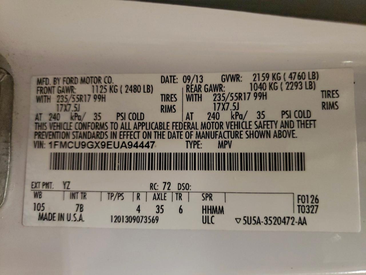 2014 Ford Escape Se VIN: 1FMCU9GX9EUA94447 Lot: 94241865