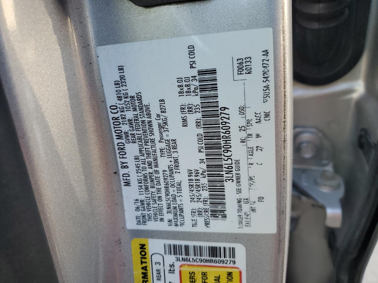 2017 Lincoln Mkz Select VIN: 3LN6L5C90HR609279 Lot: 92805695