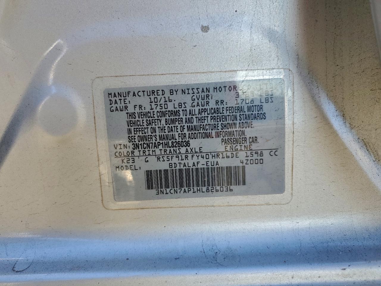 2017 Nissan Versa S VIN: 3N1CN7AP1HL826036 Lot: 93825465