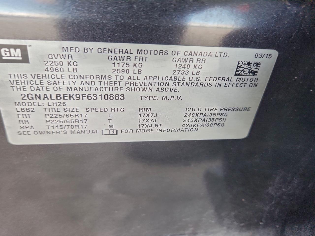 2015 Chevrolet Equinox Lt VIN: 2GNALBEK9F6310883 Lot: 93679425