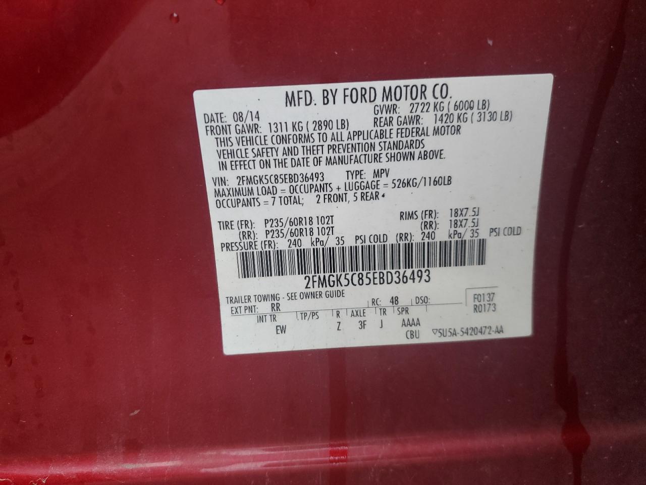 2014 Ford Flex Sel VIN: 2FMGK5C85EBD36493 Lot: 91492025