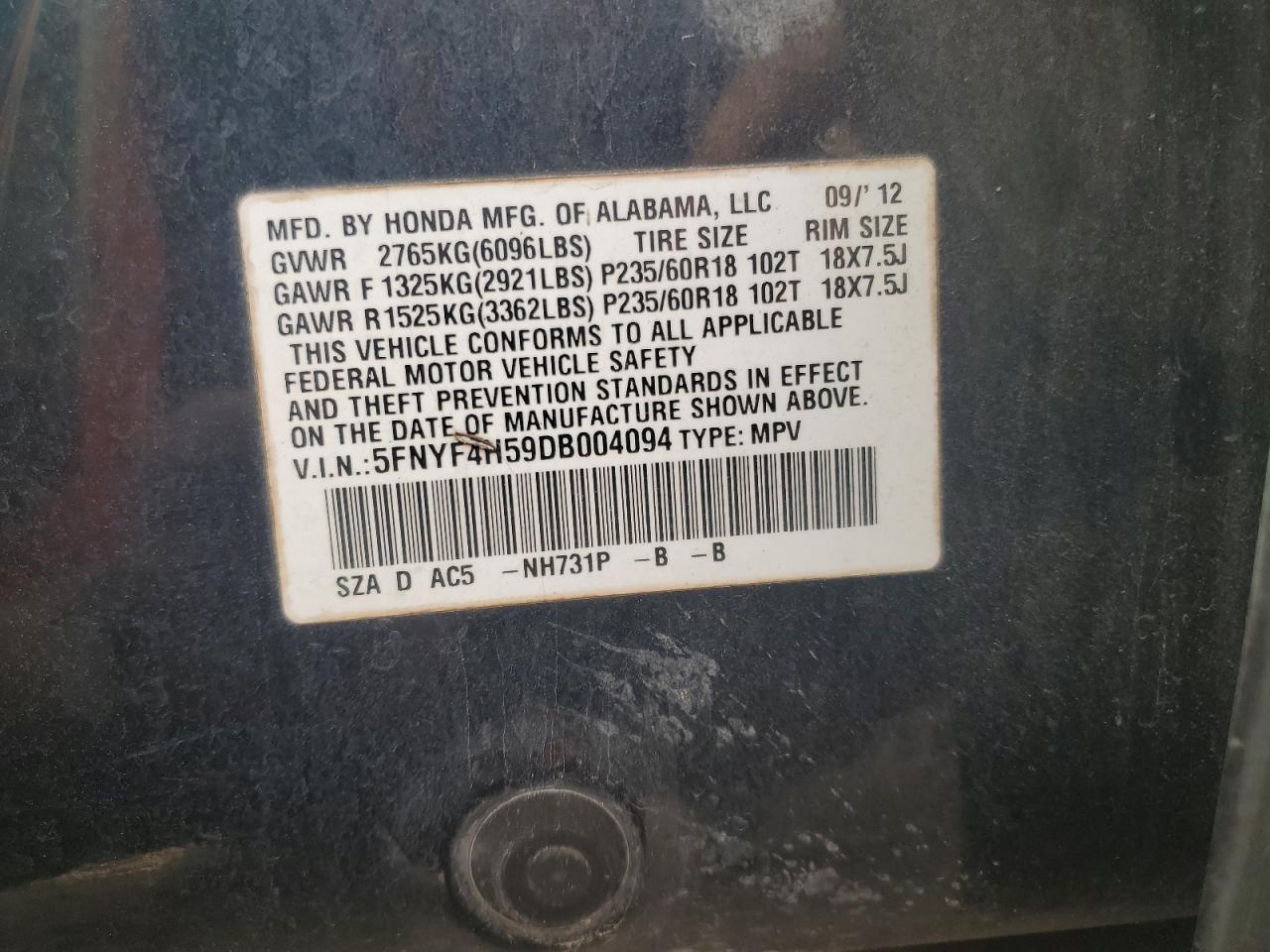 2013 Honda Pilot Exl VIN: 5FNYF4H59DB004094 Lot: 93184225