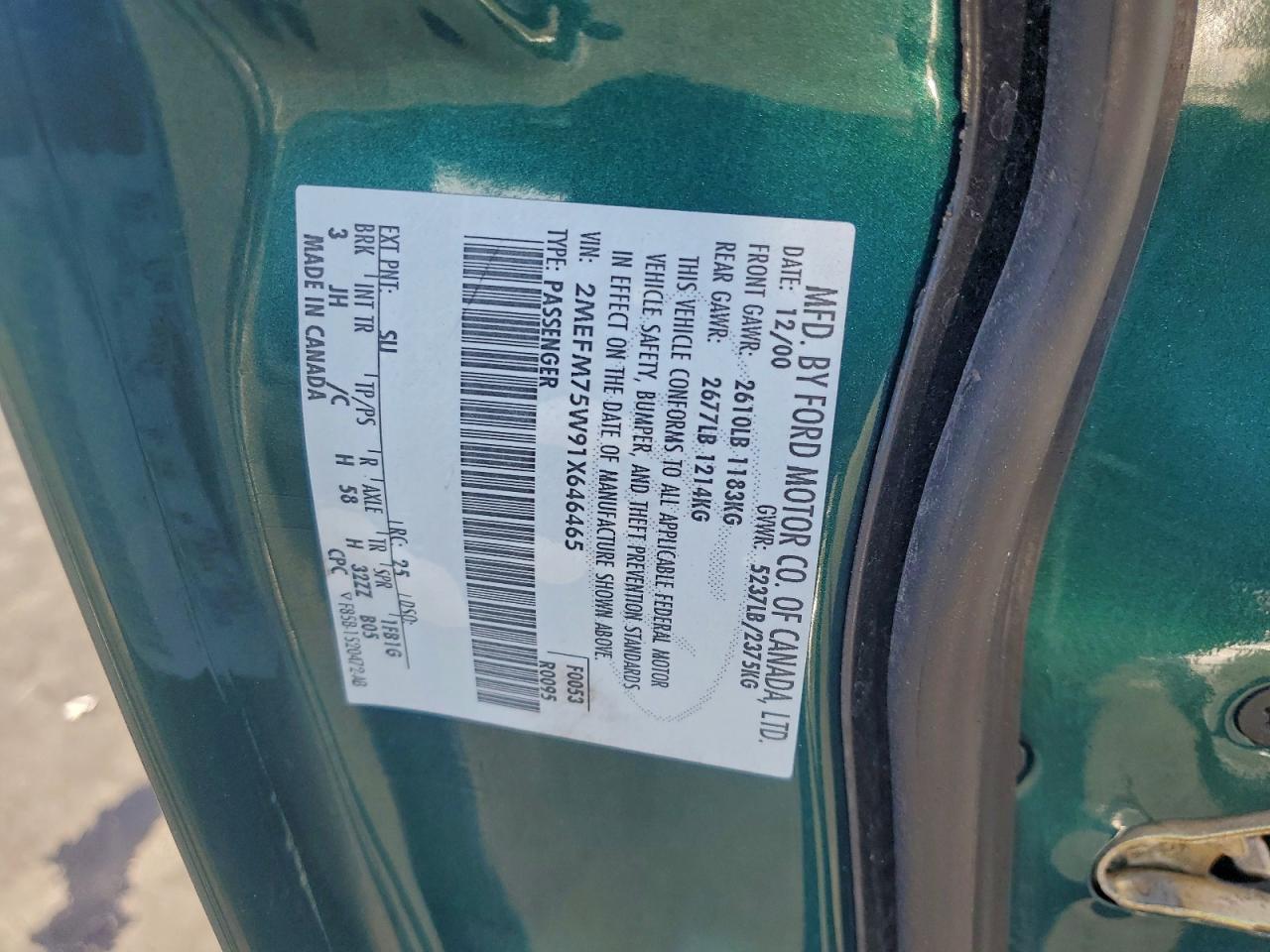 2001 Mercury Grand Marquis Ls VIN: 2MEFM75W91X646465 Lot: 94092895