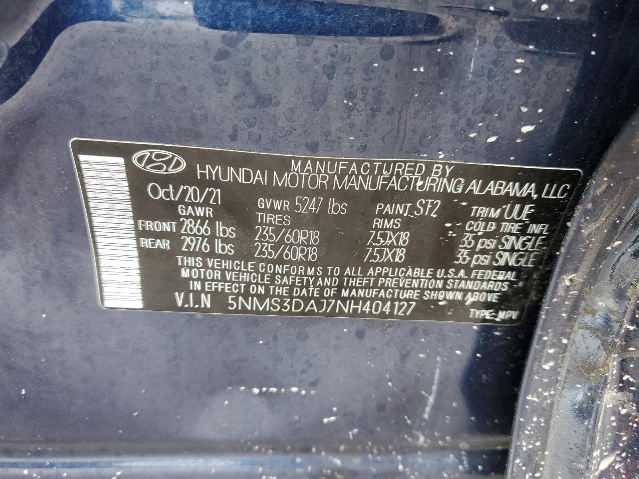 2022 Hyundai Santa Fe Sel VIN: 5NMS3DAJ7NH404127 Lot: 92859035