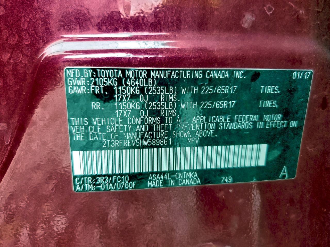 2017 Toyota Rav4 Xle VIN: 2T3RFREV5HW589861 Lot: 93783195