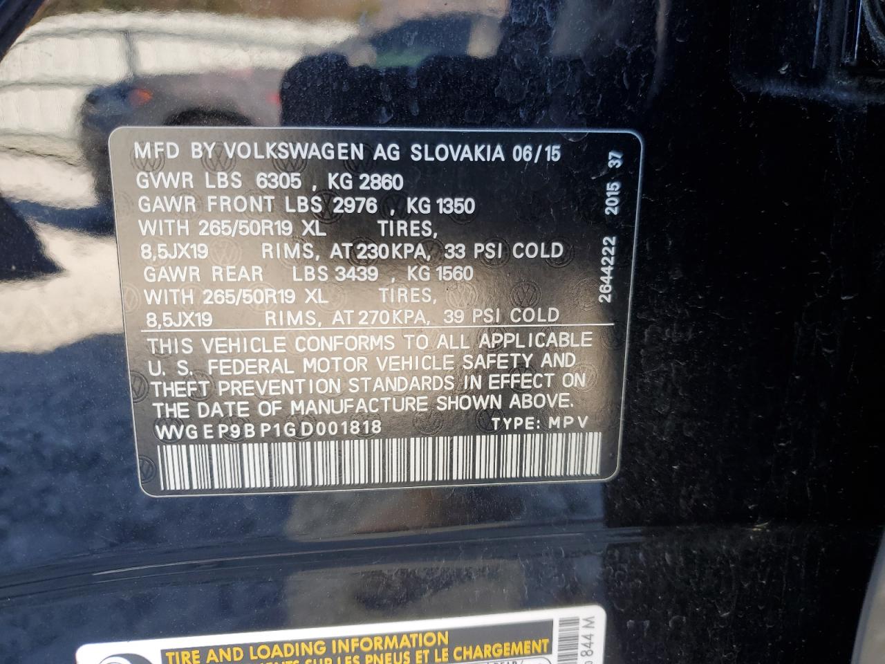 2016 Volkswagen Touareg Tdi VIN: WVGEP9BP1GD001818 Lot: 92247195