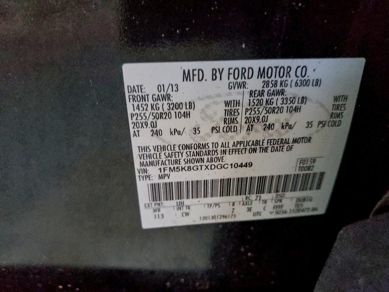 2013 Ford Explorer Sport VIN: 1FM5K8GTXDGC10449 Lot: 93975925