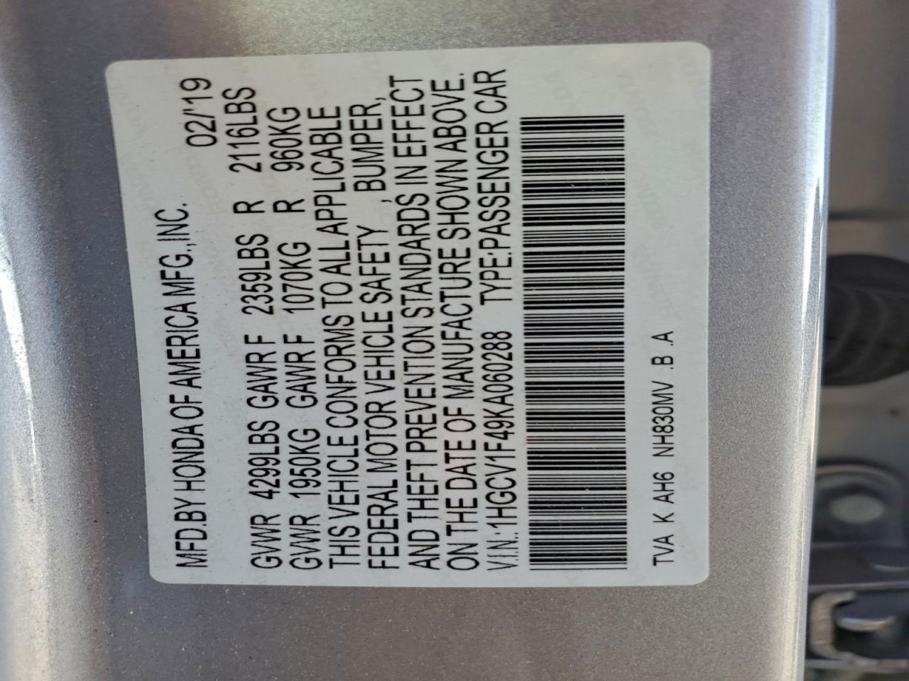 2019 Honda Accord Ex VIN: 1HGCV1F49KA060288 Lot: 94550705