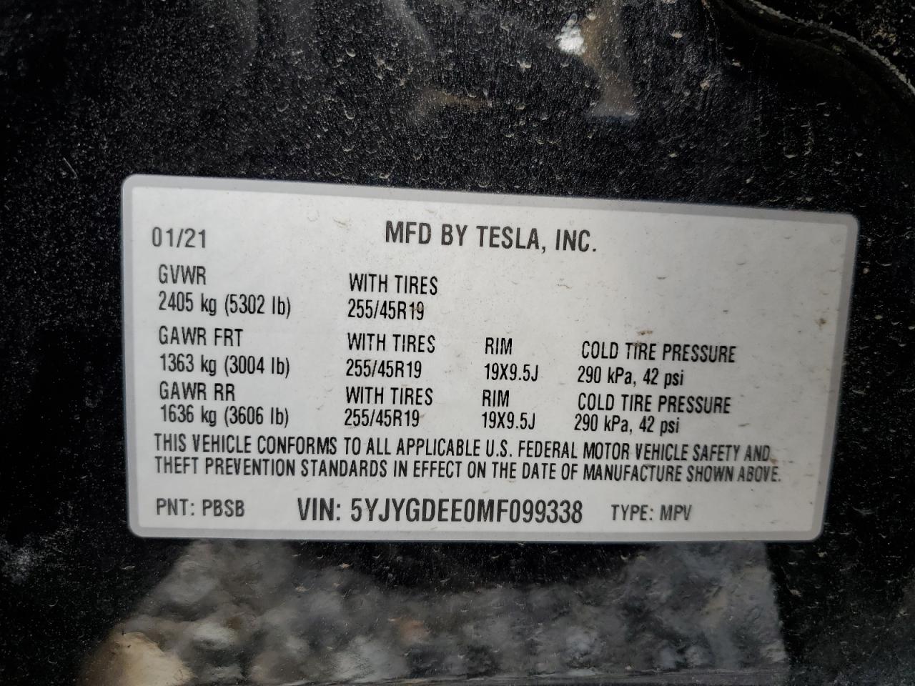 2021 Tesla Model Y VIN: 5YJYGDEE0MF099338 Lot: 93349075