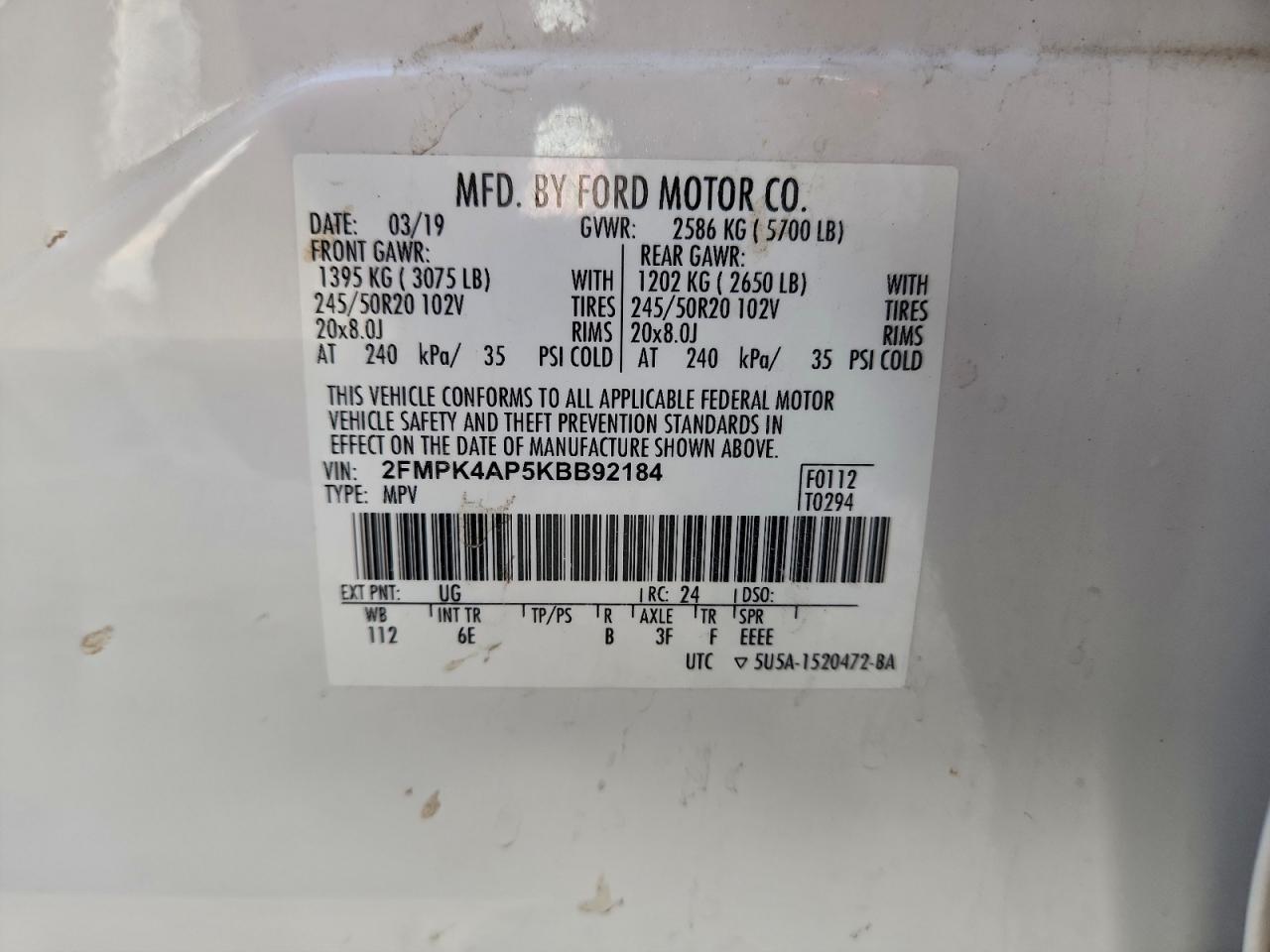 2019 Ford Edge St VIN: 2FMPK4AP5KBB92184 Lot: 94244505