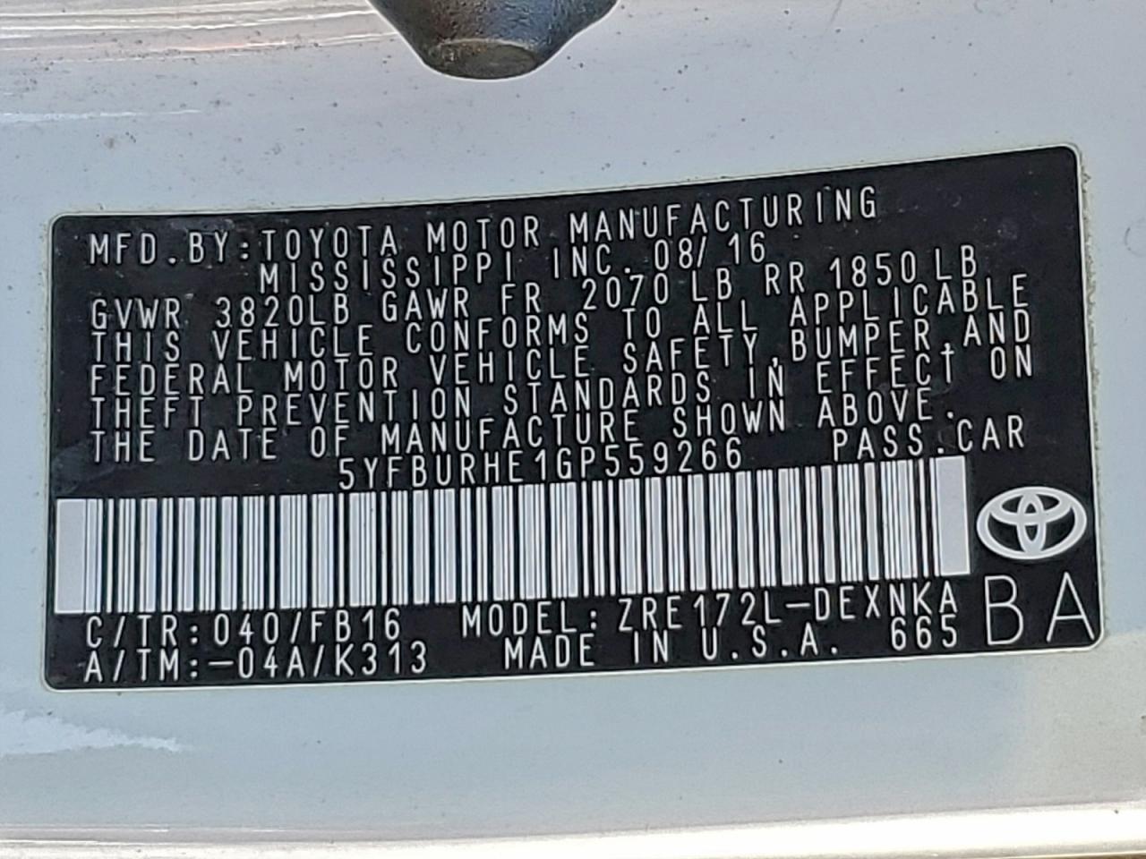 2016 Toyota Corolla L VIN: 5YFBURHE1GP559266 Lot: 94381105