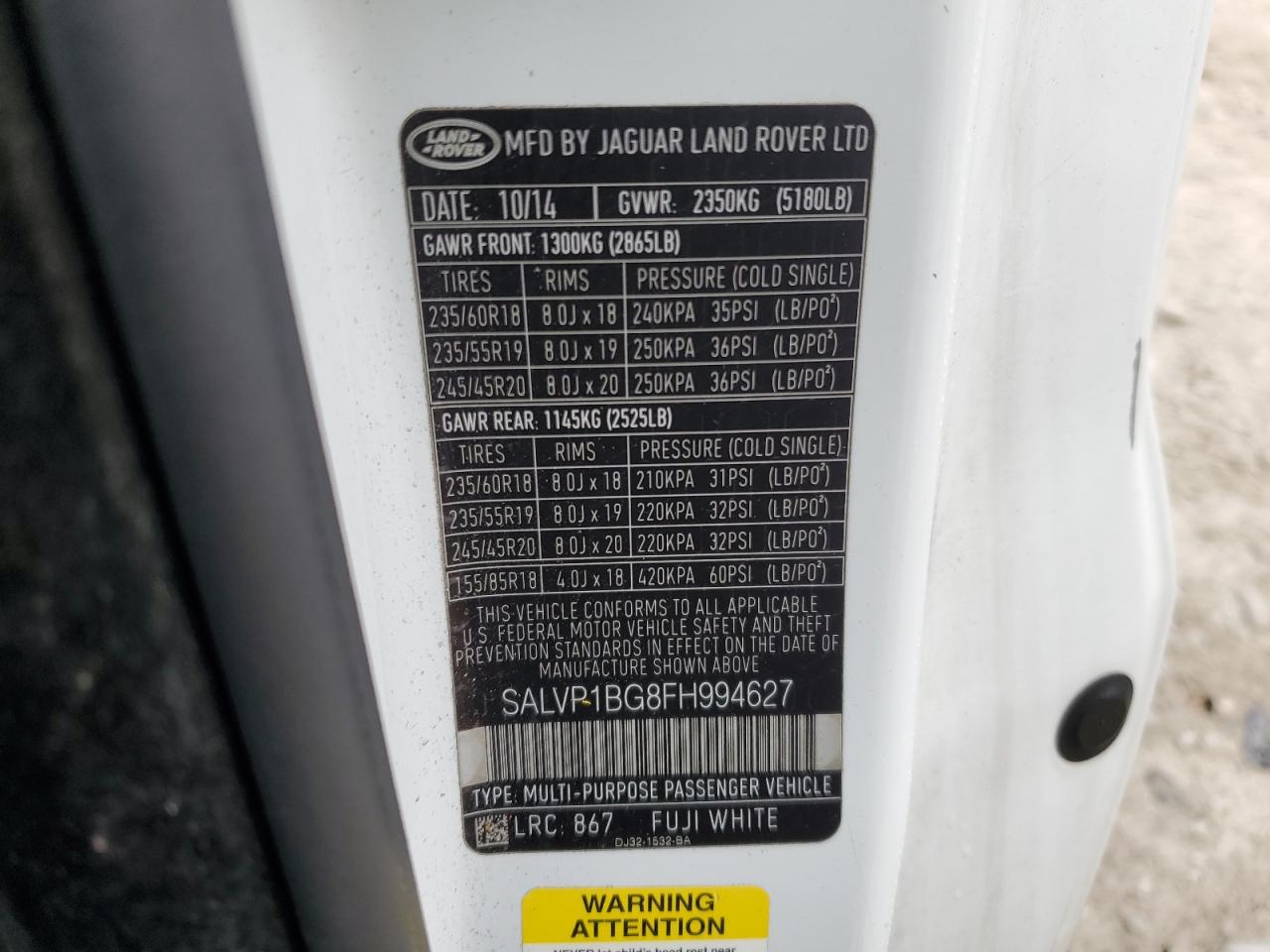 2015 Land Rover Range Rover Evoque Pure Plus VIN: SALVP1BG8FH994627 Lot: 90760755