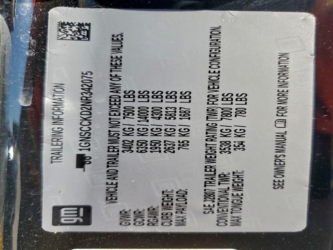 2022 Chevrolet Suburban C1500 Lt VIN: 1GNSCCKD2NR342075 Lot: 93411505