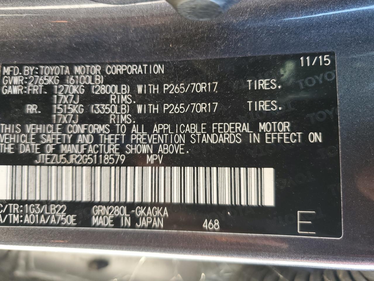 2016 Toyota 4Runner Sr5 VIN: JTEZU5JR2G5118579 Lot: 91100035