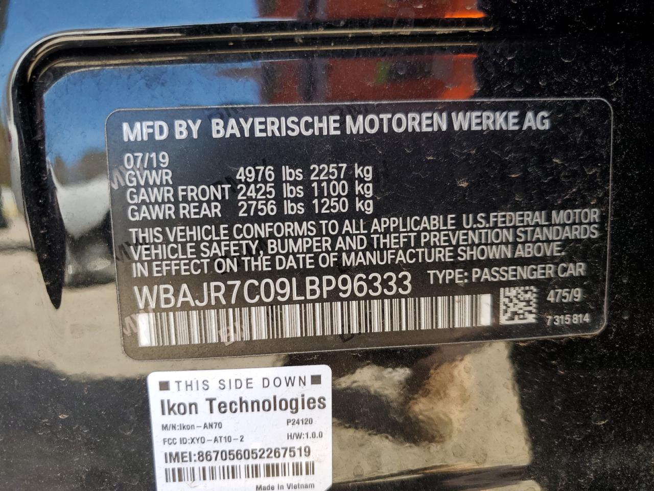 2020 BMW 530 Xi VIN: WBAJR7C09LBP96333 Lot: 92373035
