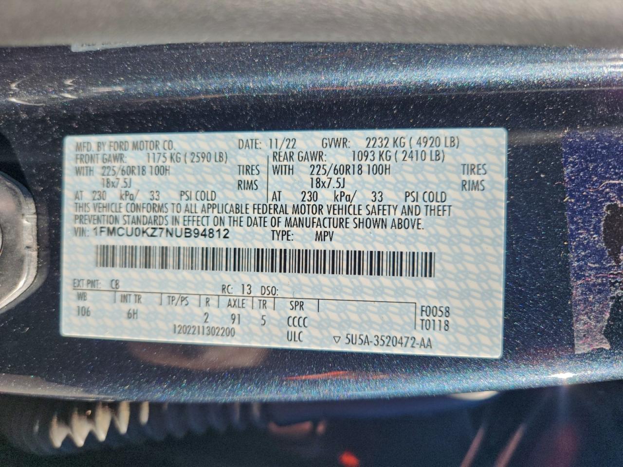 2022 Ford Escape Sel VIN: 1FMCU0KZ7NUB94812 Lot: 93646795