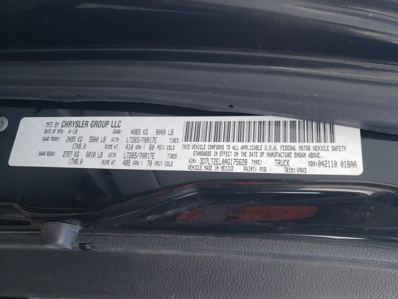 2010 Dodge Ram 2500 VIN: 3D7LT2EL0AG175628 Lot: 92665825