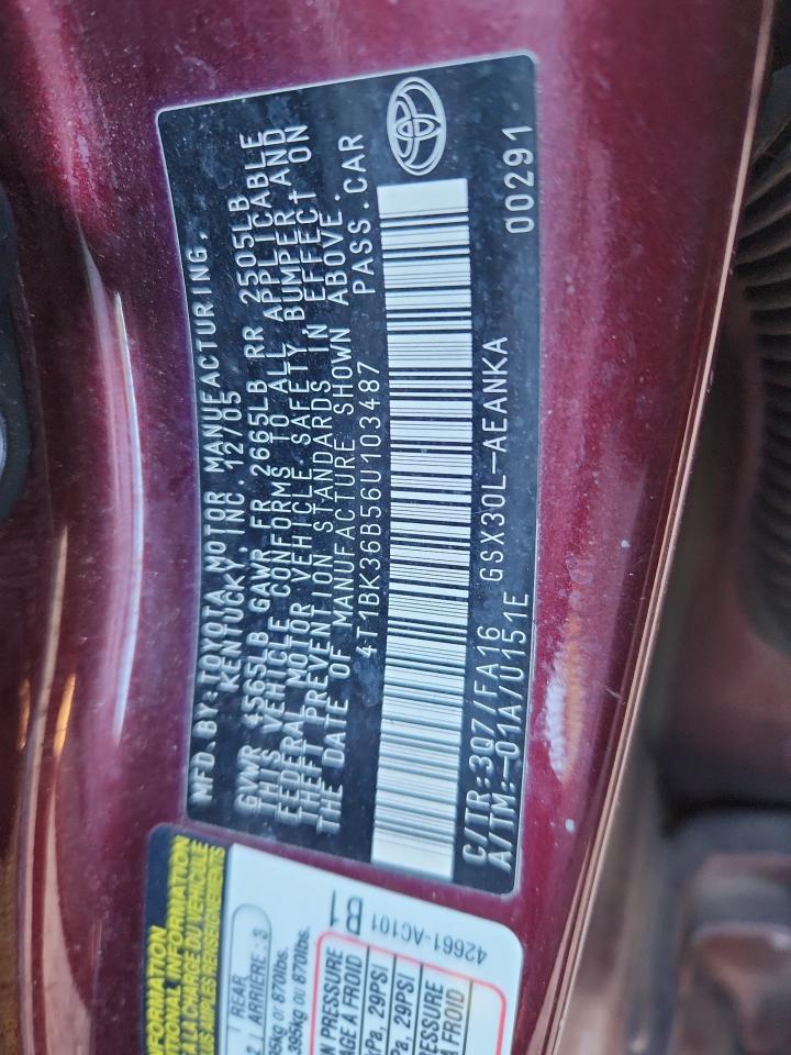 2006 Toyota Avalon Xl VIN: 4T1BK36B56U103487 Lot: 92187935