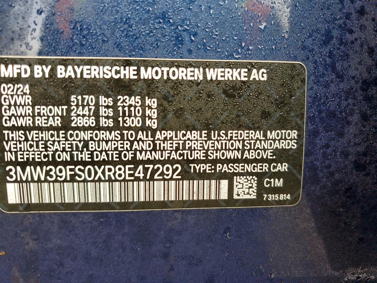 2024 BMW 330Xe VIN: 3MW39FS0XR8E47292 Lot: 94213865