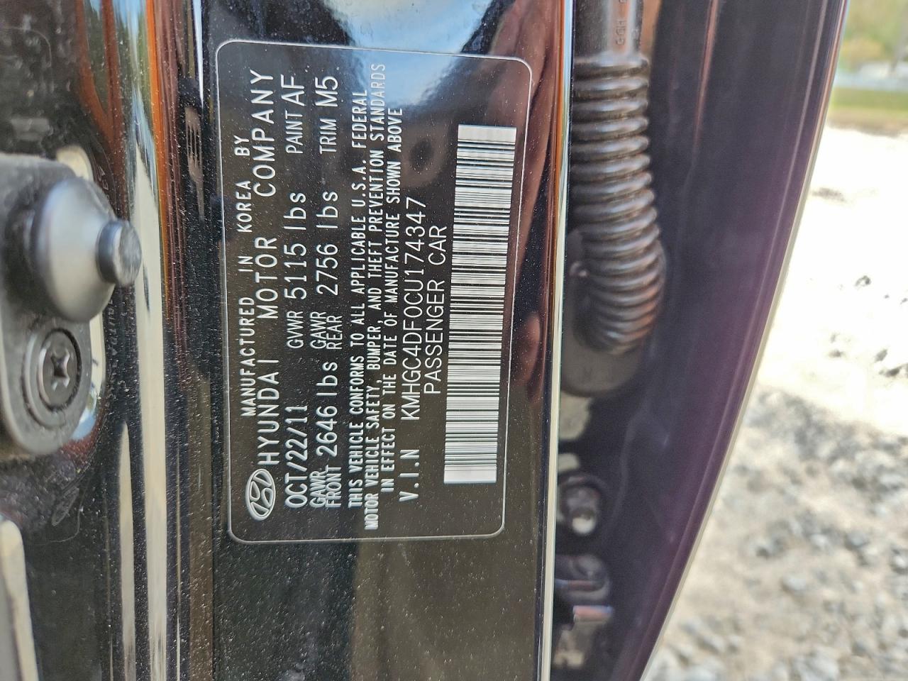 2012 Hyundai Genesis 4.6L VIN: KMHGC4DF0CU174347 Lot: 94313385