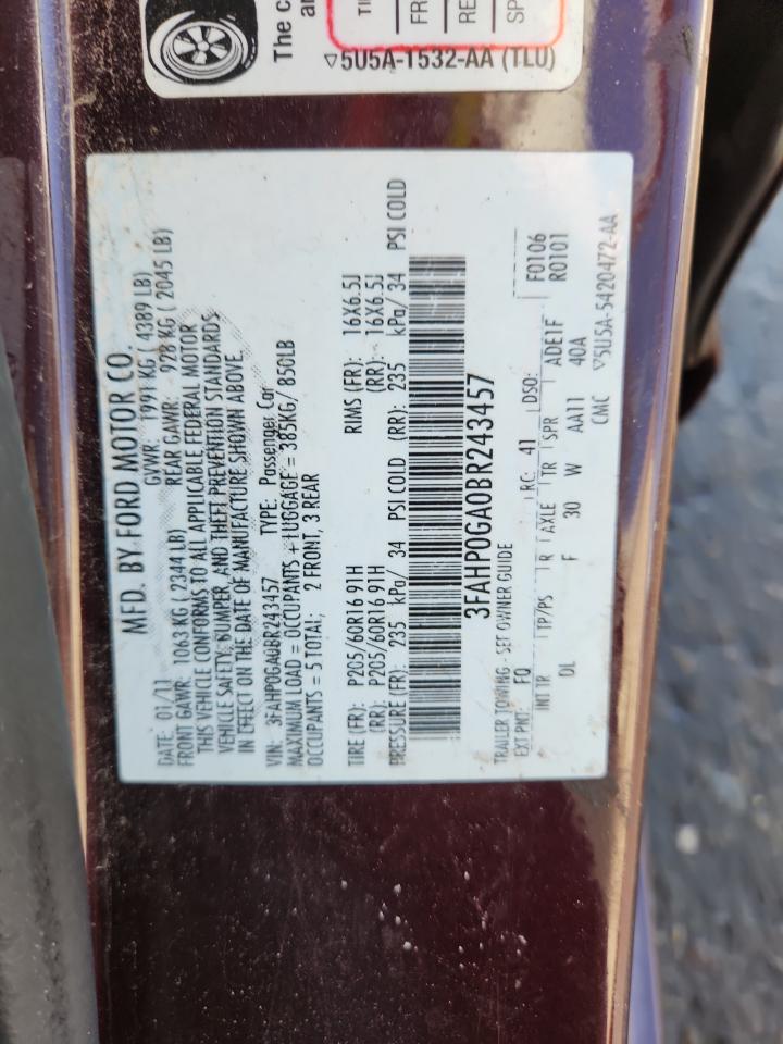 2011 Ford Fusion S VIN: 3FAHP0GA0BR243457 Lot: 91718435