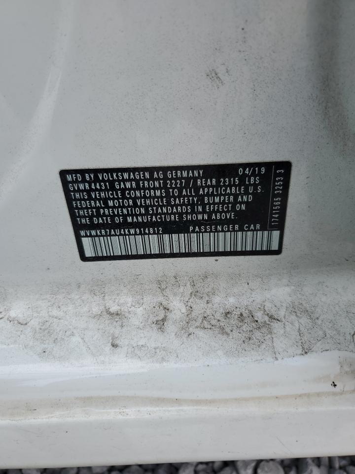 2019 Volkswagen E-Golf Se VIN: WVWKR7AU4KW914812 Lot: 92724215