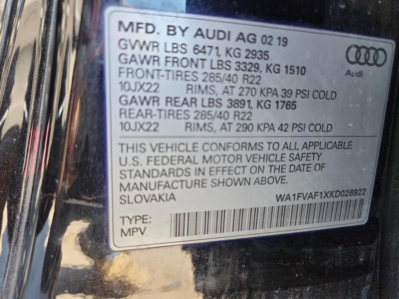 2019 Audi Q8 Prestige S-Line VIN: WA1FVAF1XKD026922 Lot: 91772615