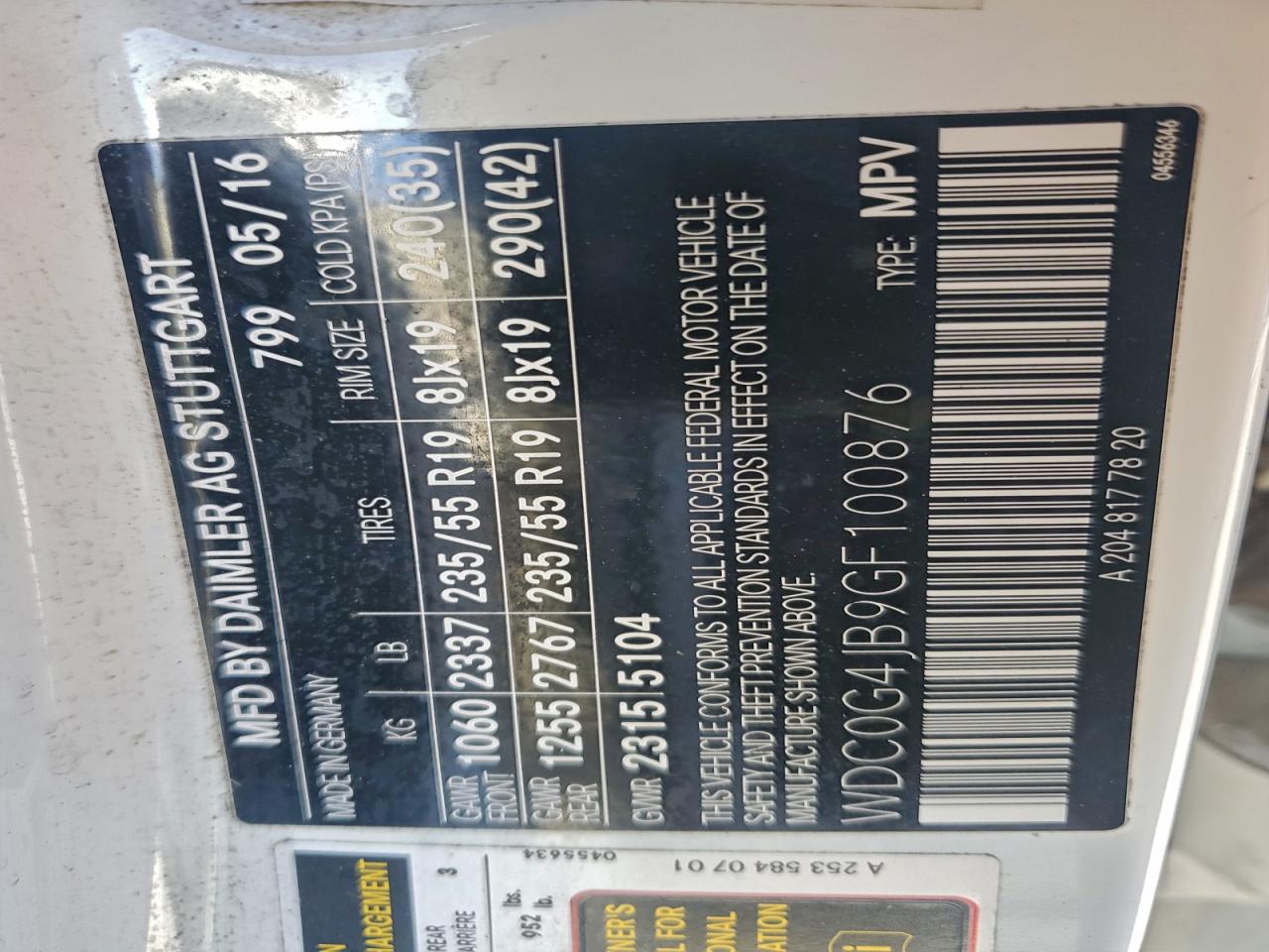 2016 Mercedes-Benz Glc 300 VIN: WDC0G4JB9GF100876 Lot: 93622175