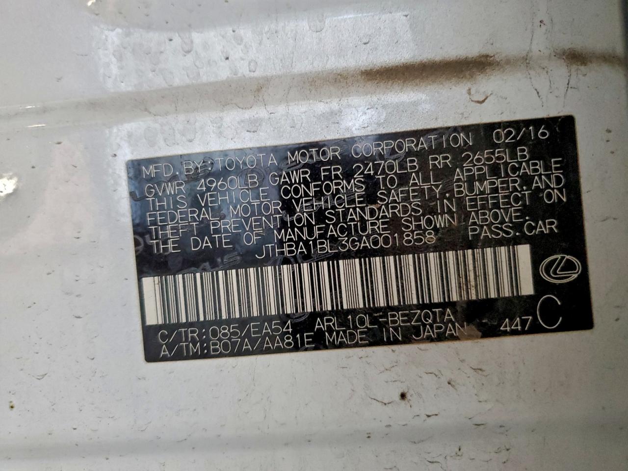 2016 Lexus Gs 200T Base VIN: JTHBA1BL3GA001858 Lot: 94097485