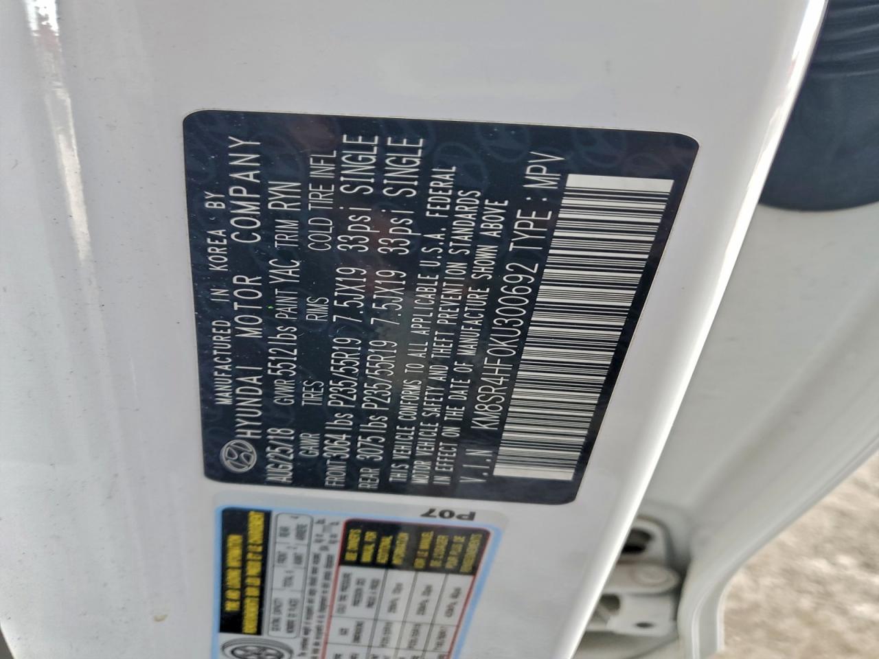 2019 Hyundai Santa Fe Xl Se Ultimate VIN: KM8SR4HF0KU300692 Lot: 94807195