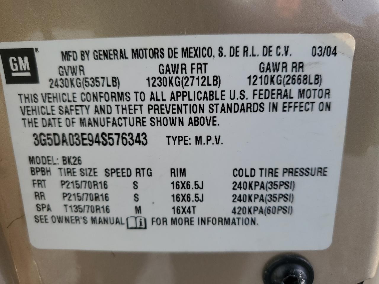 2004 Buick Rendezvous Cx VIN: 3G5DA03E94S576343 Lot: 92390085