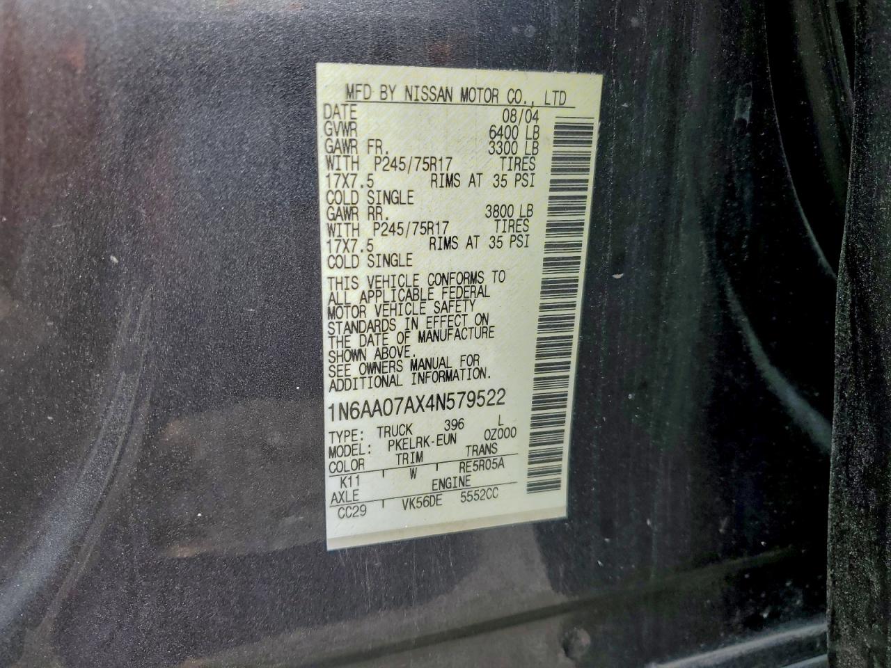 2004 Nissan Titan Xe VIN: 1N6AA07AX4N579522 Lot: 93263375