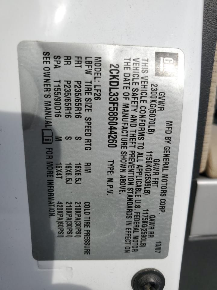 2008 Pontiac Torrent VIN: 2CKDL33F586044260 Lot: 92464505