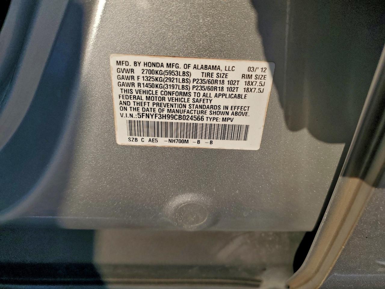 2012 Honda Pilot Touring VIN: 5FNYF3H99CB024566 Lot: 93967045