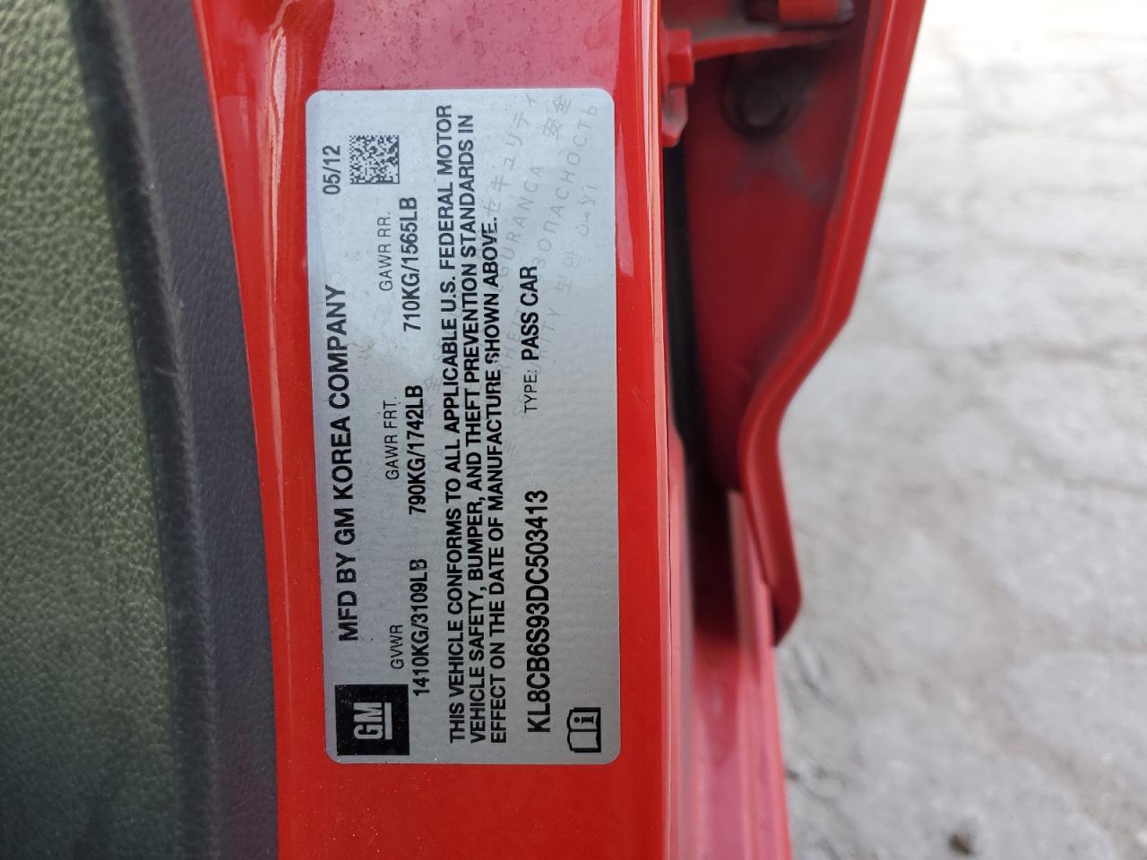 2013 Chevrolet Spark Ls VIN: KL8CB6S93DC503413 Lot: 92139535