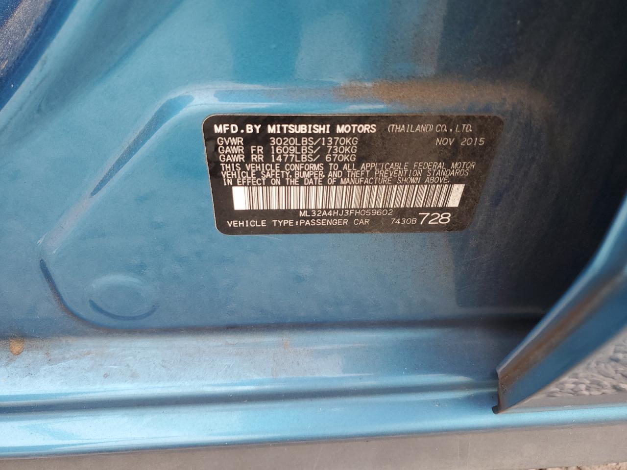 2015 Mitsubishi Mirage Es VIN: ML32A4HJ3FH059602 Lot: 91831905