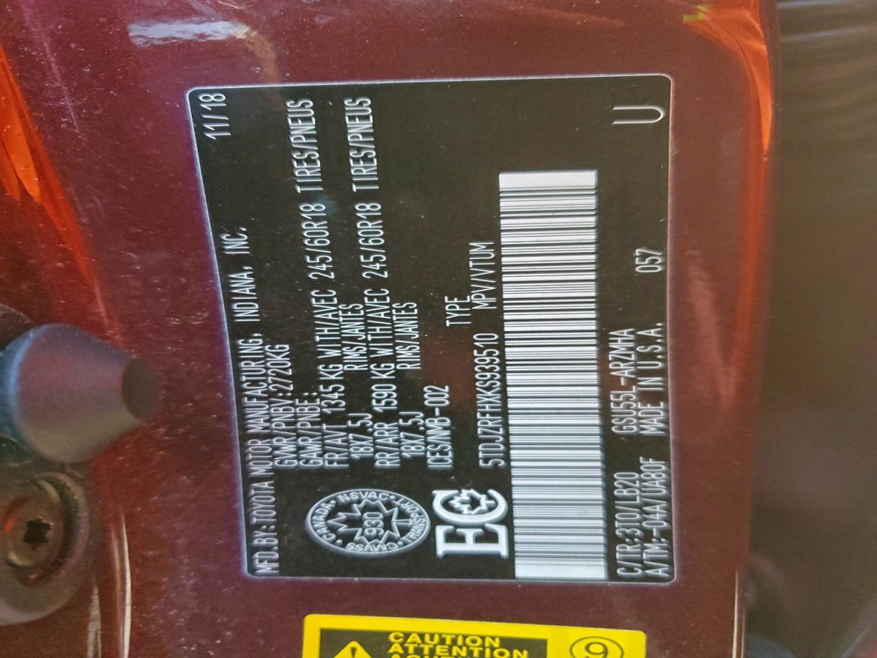 2019 Toyota Highlander Se VIN: 5TDJZRFHXKS939510 Lot: 91761025